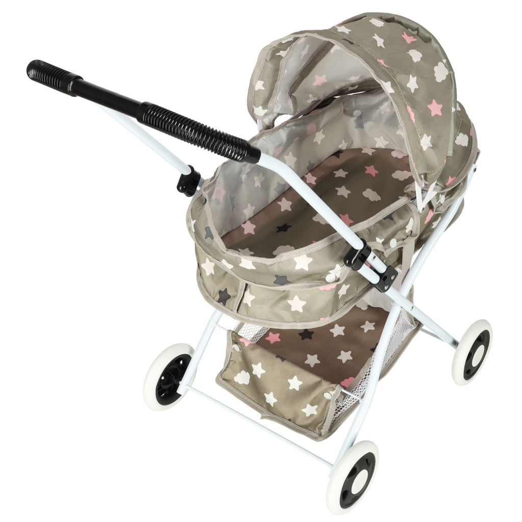 Doll Pram Stroller with Bassinet, Bag & Storage Shelf
