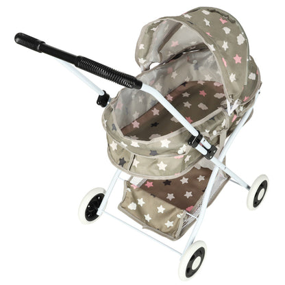 Doll Pram Stroller with Bassinet, Bag & Storage Shelf