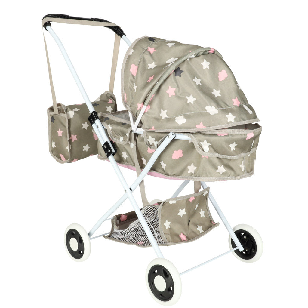Doll Pram Stroller with Bassinet, Bag & Storage Shelf