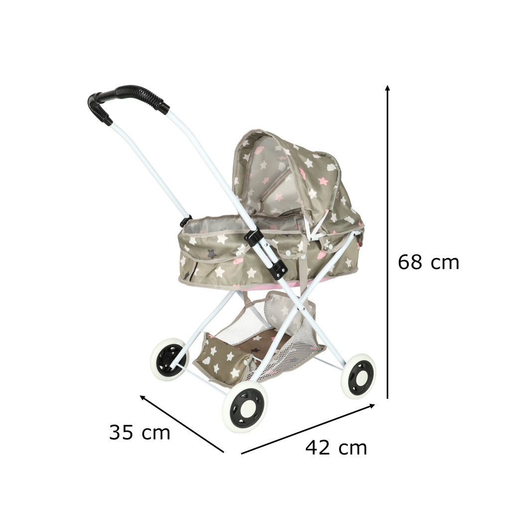 Doll Pram Stroller with Bassinet, Bag & Storage Shelf