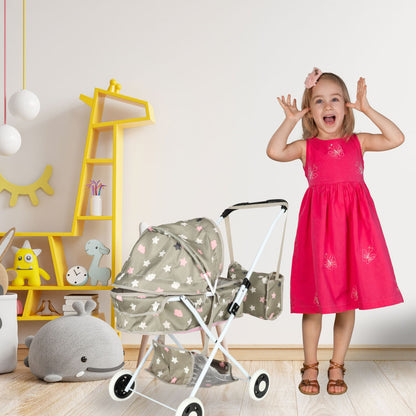 Doll Pram Stroller with Bassinet, Bag & Storage Shelf